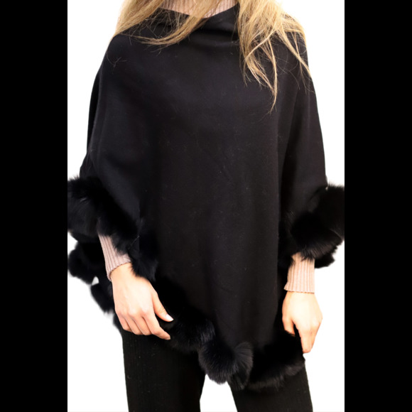 La Fiorentina Poncho with Fur Trim - Black